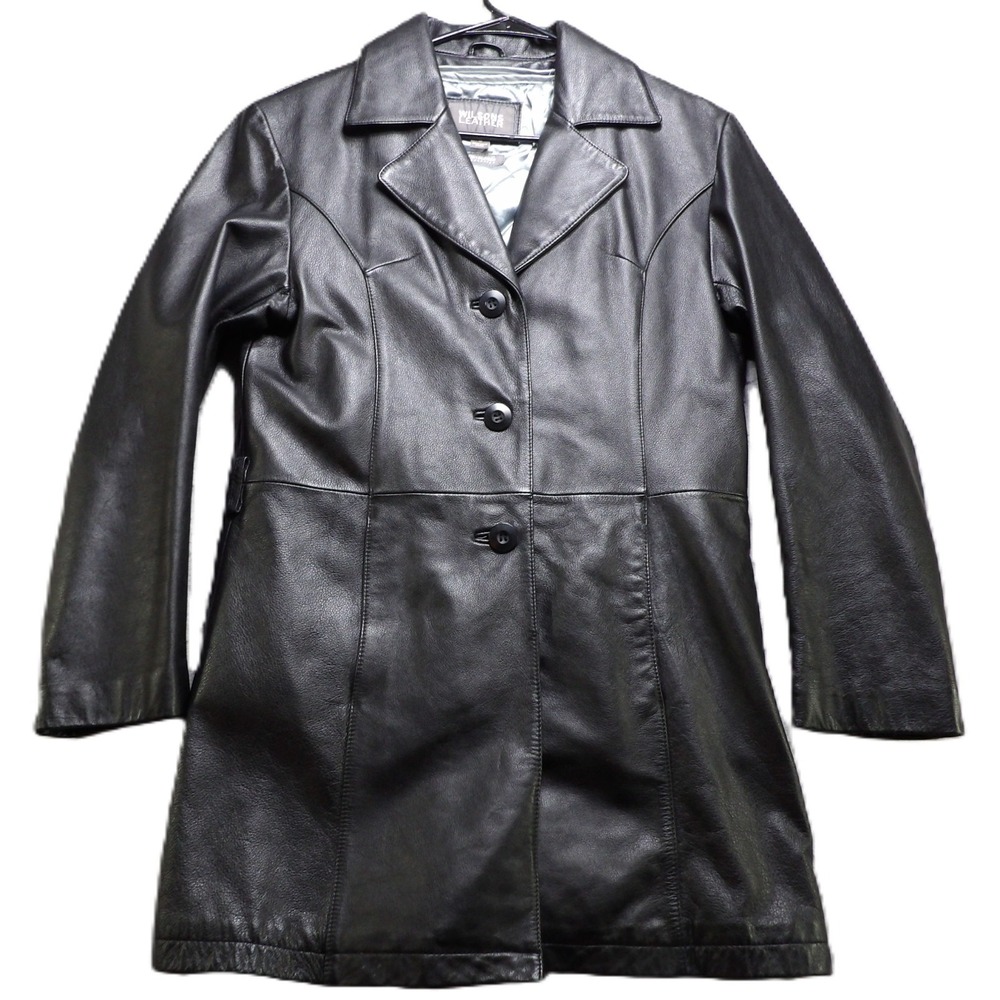 VTG 90s Wilsons Coat Women S Black Genuine Leather Thinsulate Button Trench Warm